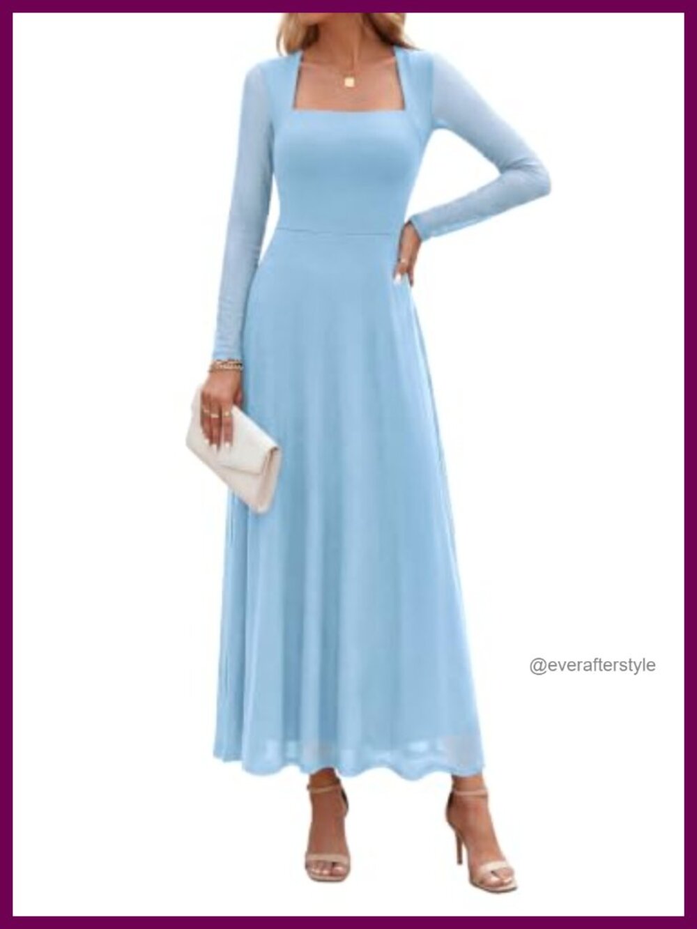 Women's Flowy Maxi Mesh Long Sleeve Square Neck A-Line Cocktail Dress